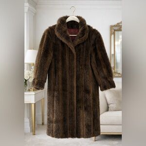Vintage Long Faux Fur Coat Brown Made in USA Old Money Glam Statement Winter